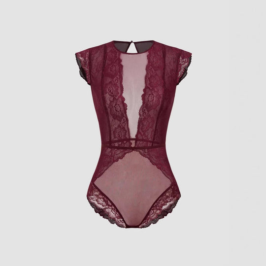 Damen Elegantes Spitzenbody mit tiefem V-Ausschnitt und zarten Rüschendetails