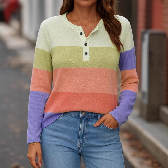 Damen Gestreifter Feinstrickpullover mit Henley-Knopfleiste Shop Nory
