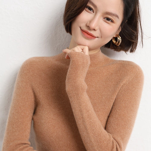 Damen Schlanker Feinstrick-Stehkragenpullover mit extrafeiner Rippenstruktur und Kaschmir‑Look Shop Nory