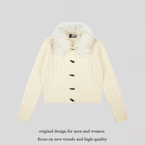 Damen Kurze Zopfmuster-Strickjacke mit abnehmbarem Kunstpelzkragen und Knebelknopfverschluss Shop Nory