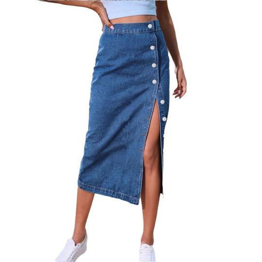 Damen Jeans-Midirock mit seitlicher Knopfleiste und hohem Beinschlitz Shop Nory