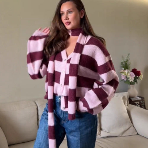 Damen Oversize Strickcardigan-Set mit Blockstreifen, Knopfleiste und passendem Schal Shop Nory