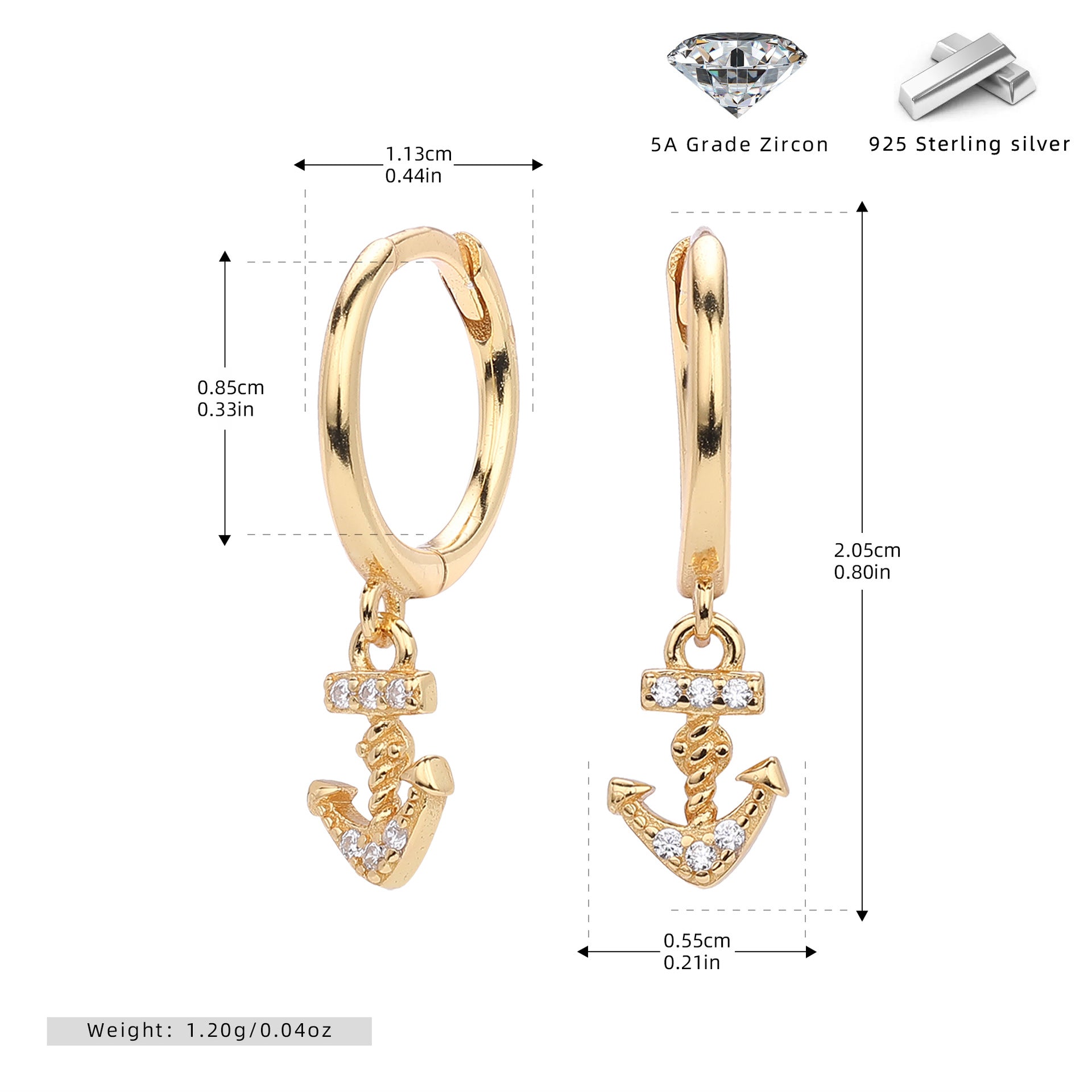 Damen Ohrhänger im maritimen Ankerdesign mit funkelnden Zirkonia aus 925 Sterling Silber Shop Nory
