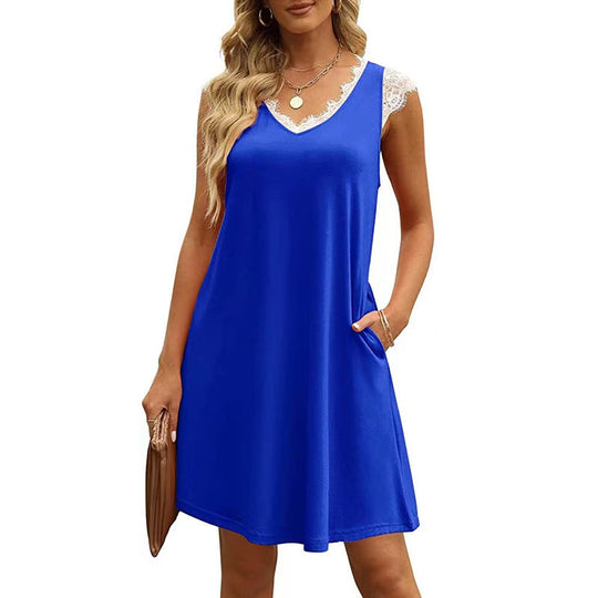Damen ärmelloses Kleid mit Spitzendetail und seitlichen Taschen Shopnory