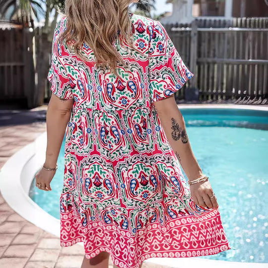 Damen Lockeres Stufen‑Midikleid mit V‑Ausschnitt, Quastenbindeband und Boho‑Print Shop Nory