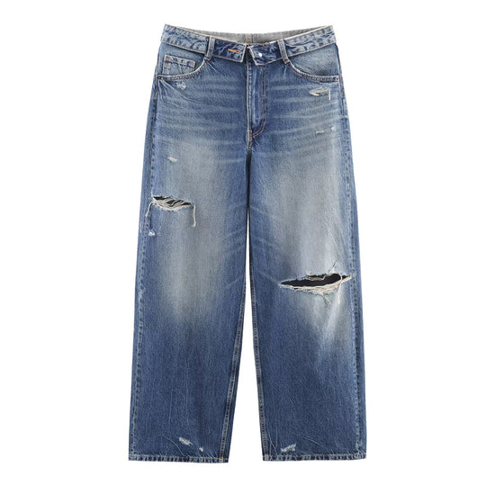 Damen Weite Destroyed-Jeans mit hoher Taille und geradem Bein Shop Nory