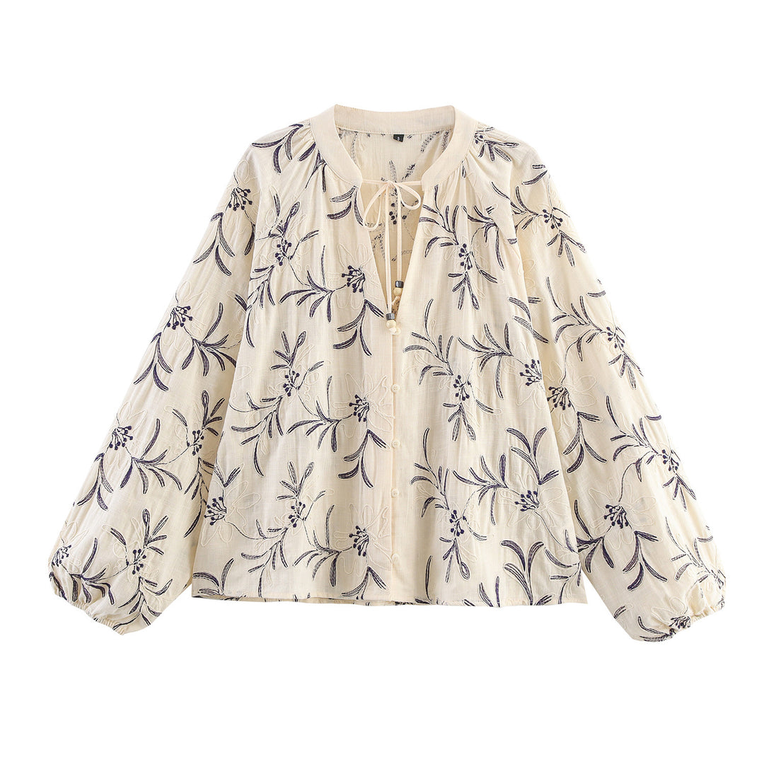 Damen Bestickte Boho-Bluse mit Bindebandkragen und Ballonärmeln Shop Nory