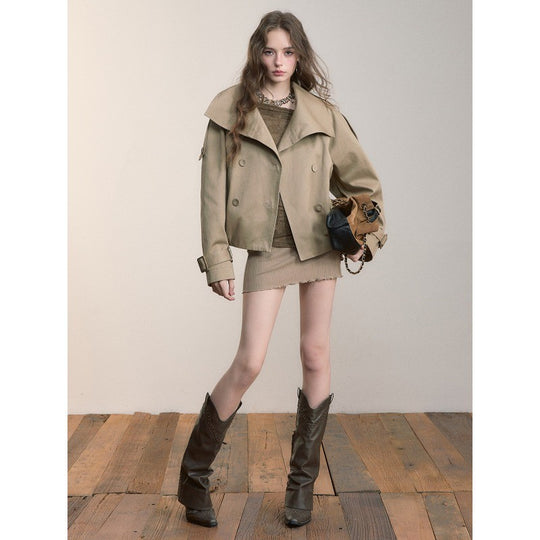 Damen Oversized Doppelreihige Trench-Bomberjacke mit hohem Stehkragen Shop Nory
