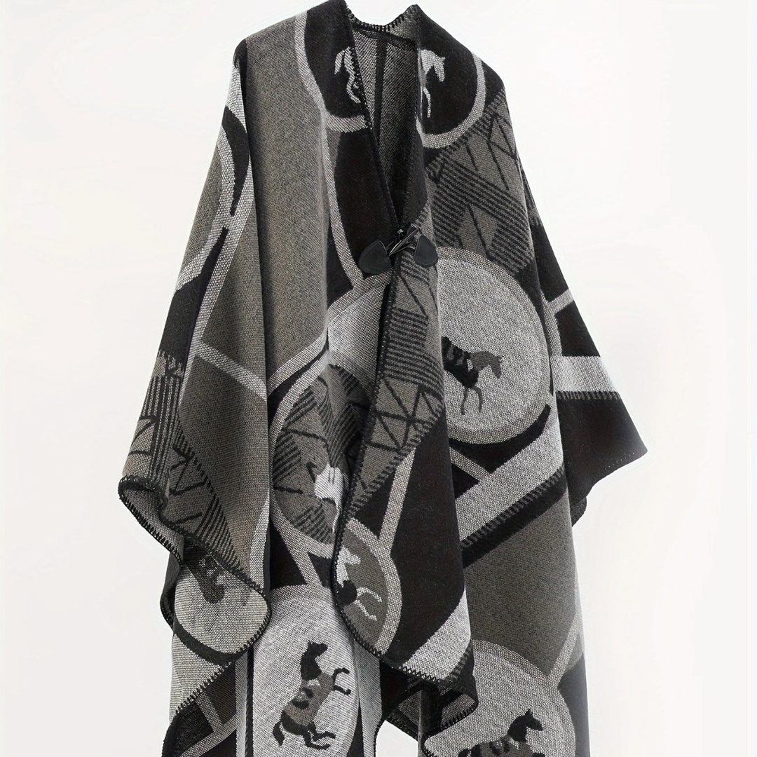 Damen Wollmix-Jacquard-Ruana mit Pferdemotiv, Knebelverschluss und offener Kimono-Silhouette Shop Nory