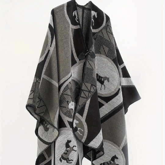 Damen Wollmix-Jacquard-Ruana mit Pferdemotiv, Knebelverschluss und offener Kimono-Silhouette Shop Nory