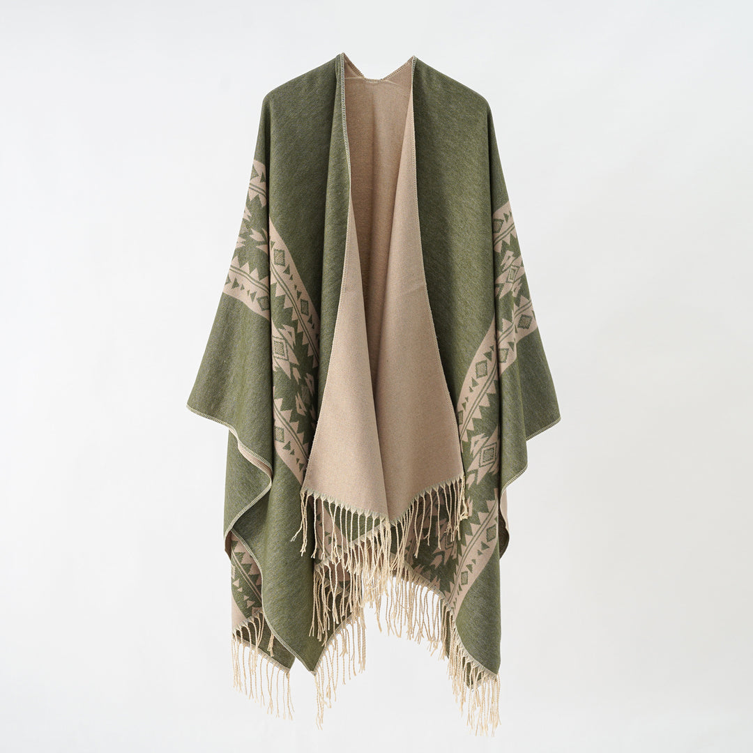 Damen Kaschmir‑Optik Überwurfponcho mit geometrischer Bordüren‑Jacquard und Fransen Shop Nory