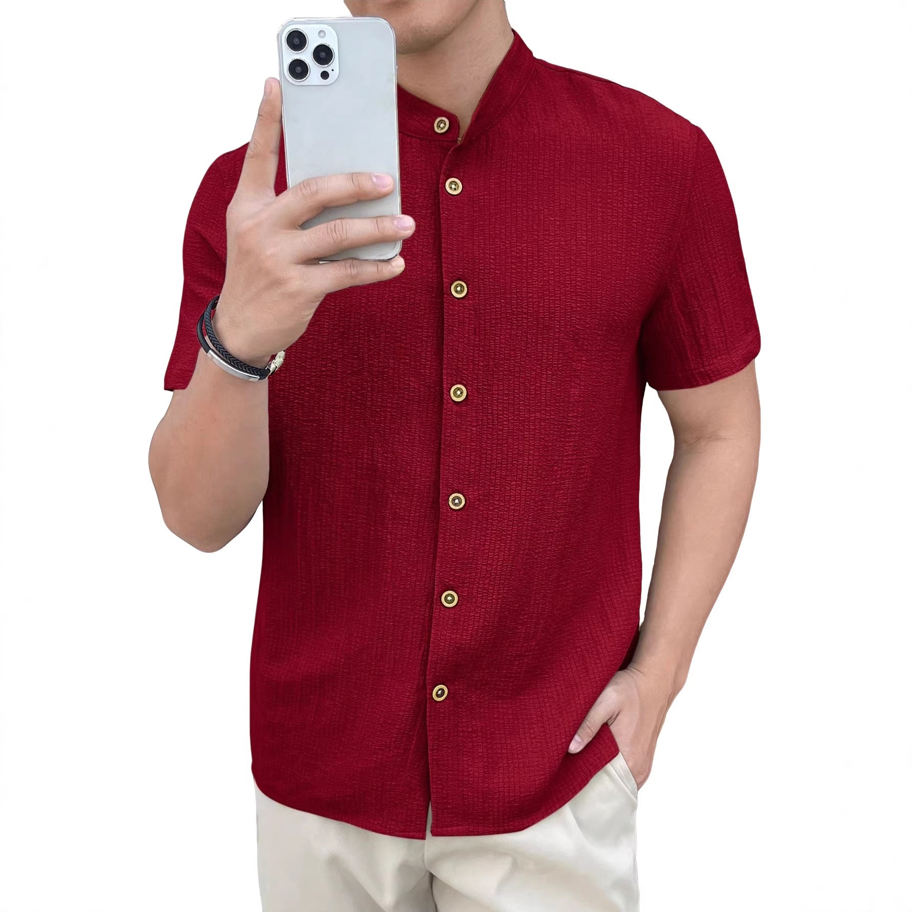 Herren nan leichtes Knitterstruktur-Überhemd mit umgeschlagenen Ärmeln entspannter Overshirt-Silhouette