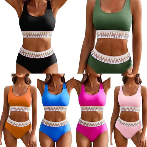 Damen Hochgeschnittener Sport-Bikini mit farbigem Bund
