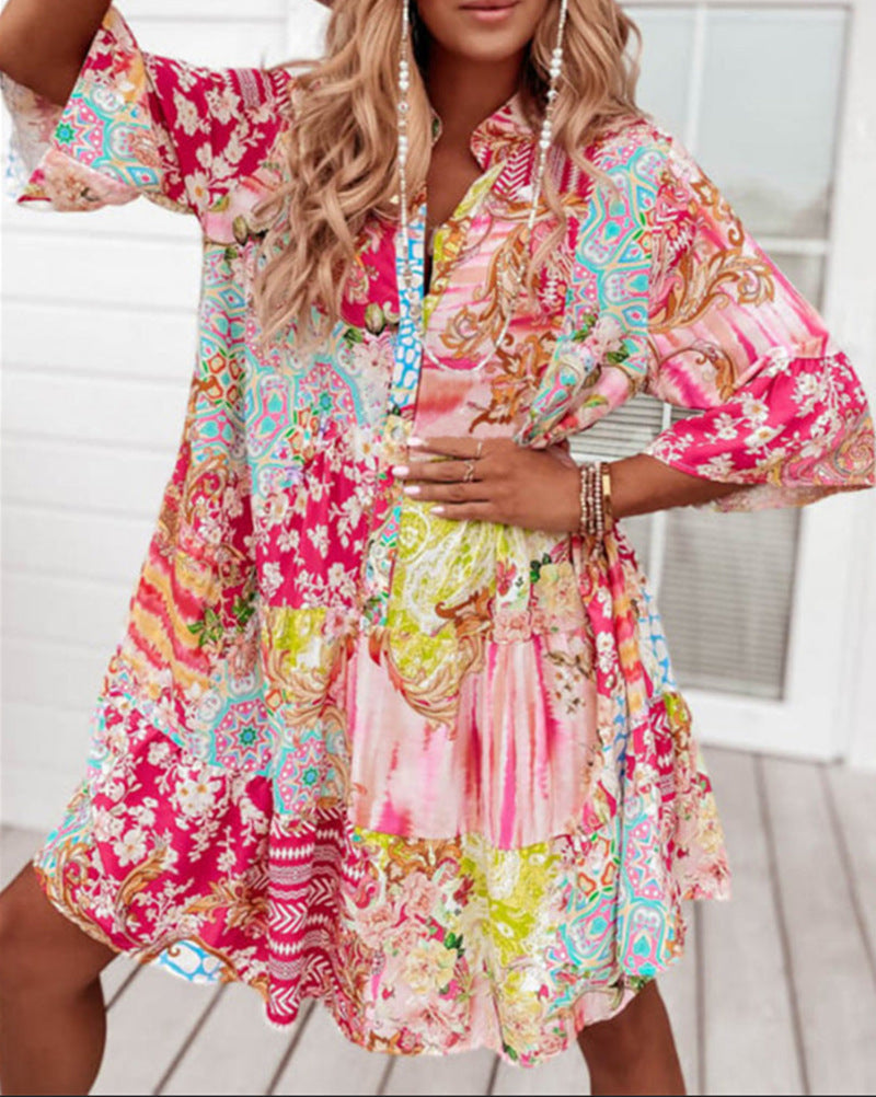 Damen nan Luftiges Stufenkleid im Patchwork-Boho-Stil mit Stehkragen, geraffter Taillennaht und Dreiviertelärmeln