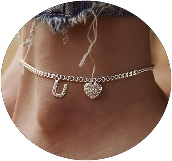 Damen Fußkettchen mit personalisiertem Buchstaben und funkelndem Herzanhänger Shop Nory