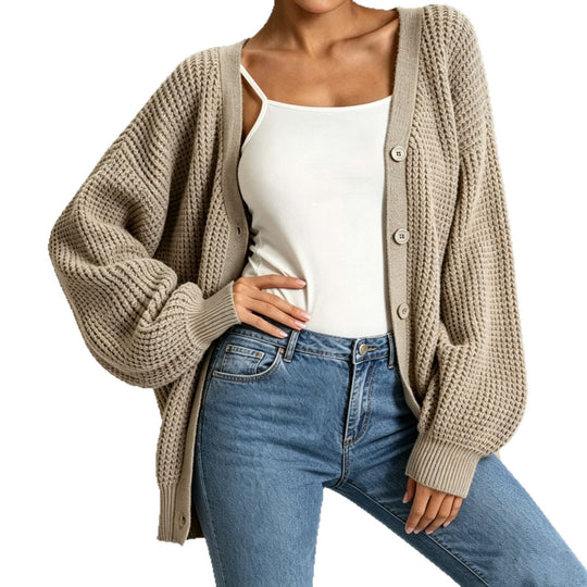 Damen Oversize Grobstrick-Cardigan mit Ballonärmeln und Knopfleiste Shop Nory