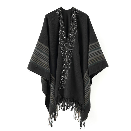 Damen Wollmix-Poncho im Kimono-Stil mit Nietenbordüre und Fransensaum Shop Nory