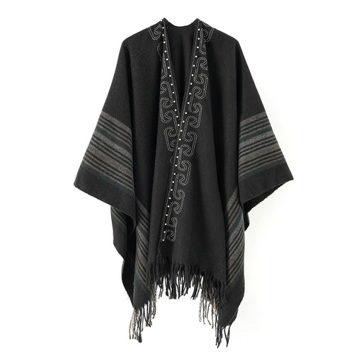 Damen Wollmix-Poncho im Kimono-Stil mit Nietenbordüre und Fransensaum Shop Nory