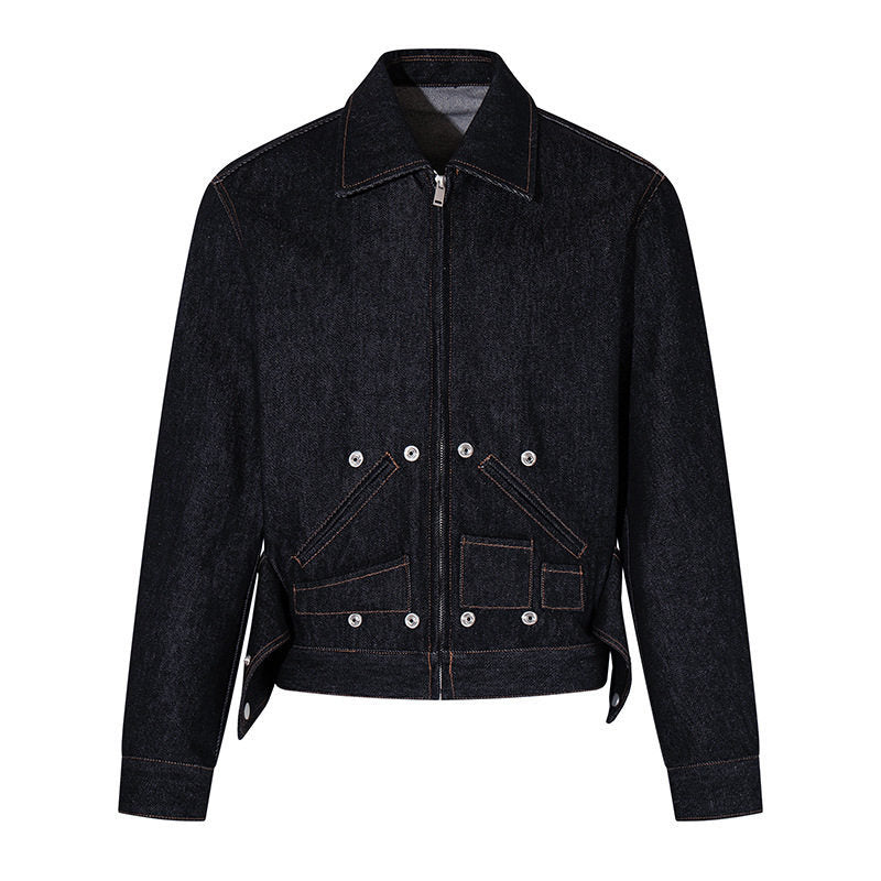 Damen Kurz geschnittene Denim-Workerjacke mit Reißverschluss, Kontrastnähten und Zierösen Shop Nory