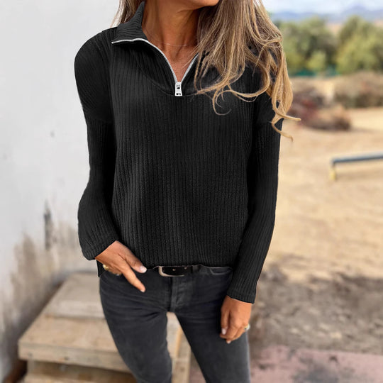 Damen Rippstrickpullover mit halbem Reißverschluss und Stehkragen Shop Nory