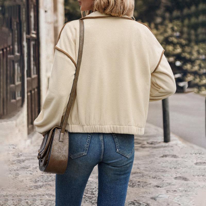 Damen Kurzjacke aus Teddy-Fleece mit Stehkragen, Kontrastpaspel und Reißverschluss Shop Nory