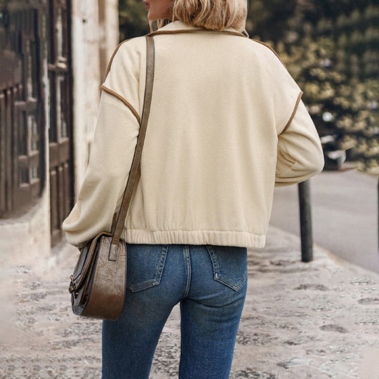 Damen Kurzjacke aus Teddy-Fleece mit Stehkragen, Kontrastpaspel und Reißverschluss Shop Nory