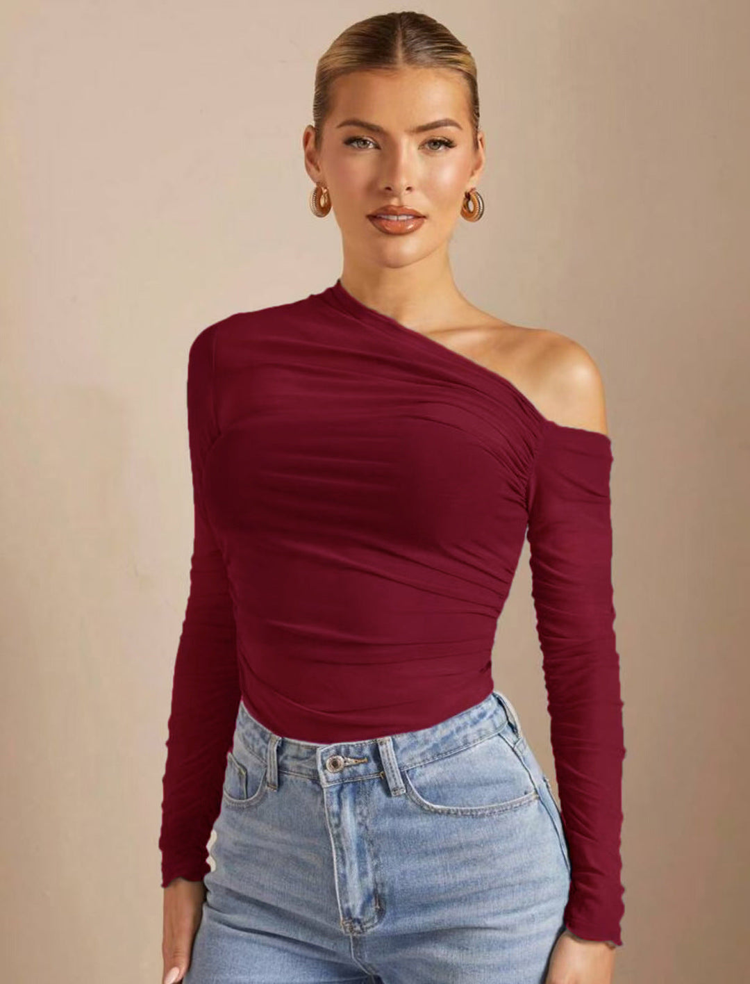 Damen Asymmetrischer Body mit Raffungen und langen Ärmeln