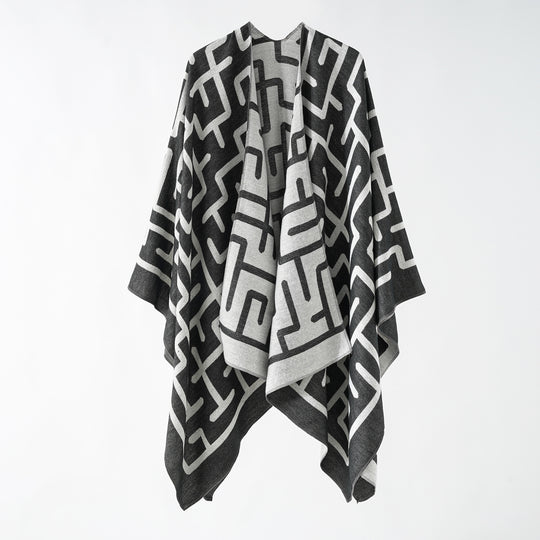 Damen Wendejacquard-Ruana mit grafischem Muster und asymmetrischem Saum Shop Nory