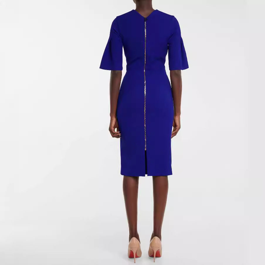Damen Figurbetontes Midikleid mit Trompetenärmeln und Rundhalsausschnitt Shop Nory