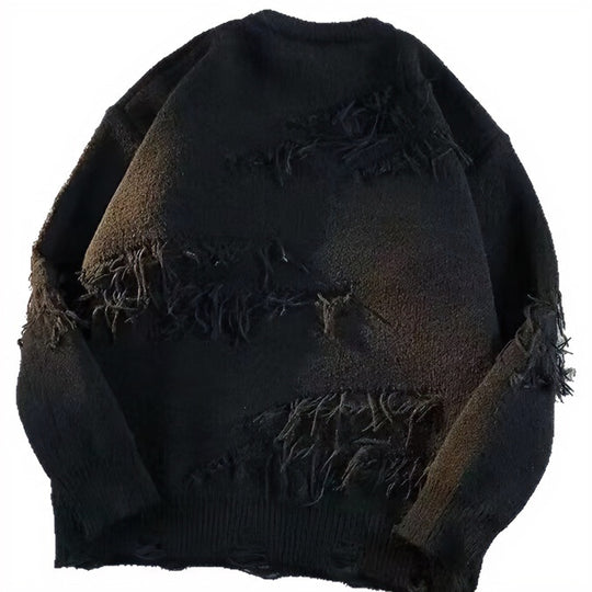 Unisex Oversized Rundhalspullover mit Destroy‑Fransen und geripptem Kragen Shop Nory
