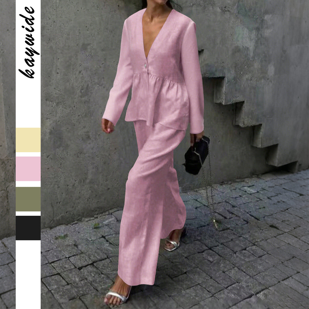 Damen nan legeres Leinenmix-Zweiteiler mit V-Ausschnitt Peplum-Bluse, Einknopfleiste und weitem Palazzo-Hosenbein Shop Nory