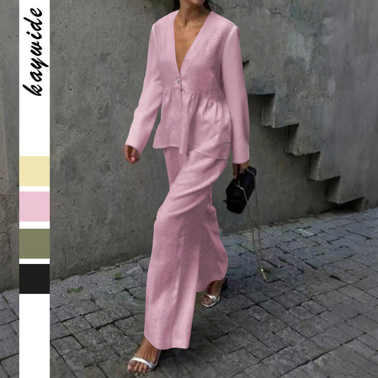 Damen nan legeres Leinenmix-Zweiteiler mit V-Ausschnitt Peplum-Bluse, Einknopfleiste und weitem Palazzo-Hosenbein Shop Nory