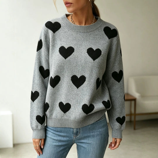 Damen Herz-Intarsien Rundhalspullover mit lässiger Oversize-Passform Shop Nory