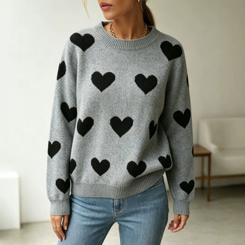 Damen Herz-Intarsien Rundhalspullover mit lässiger Oversize-Passform Shop Nory