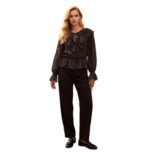 Damen Rüschige transparente Chiffonbluse mit Volant-Peplum, langen Ballonärmeln und Kordelverschluss Shop Nory