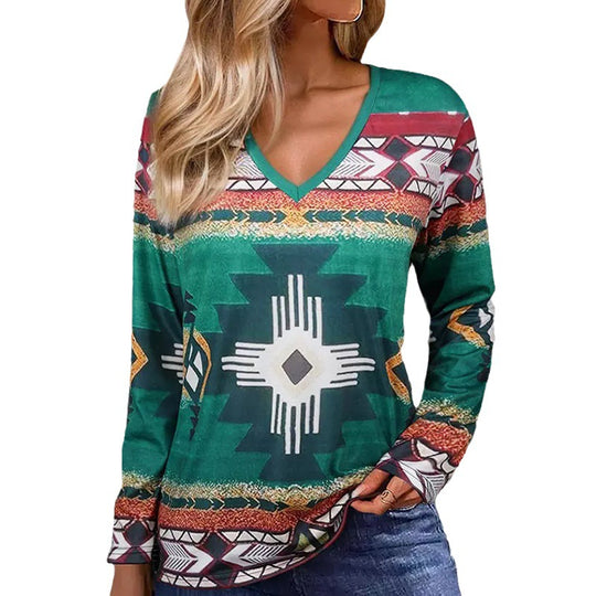 Damen Langarmshirt mit V-Ausschnitt und grafischem Ethno-Print legerer Schnitt Shop Nory