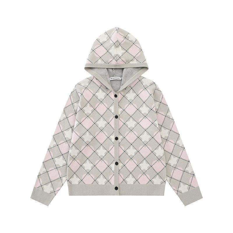 Damen Strick-Kapuzenjacke mit Rautenjacquard und Knopfleiste Shop Nory