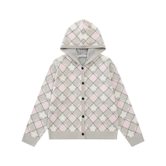 Damen Strick-Kapuzenjacke mit Rautenjacquard und Knopfleiste Shop Nory