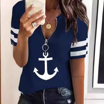 Damen maritim inspirierter Kurzarm Pullover mit Reißverschluss und Anker-Motiv