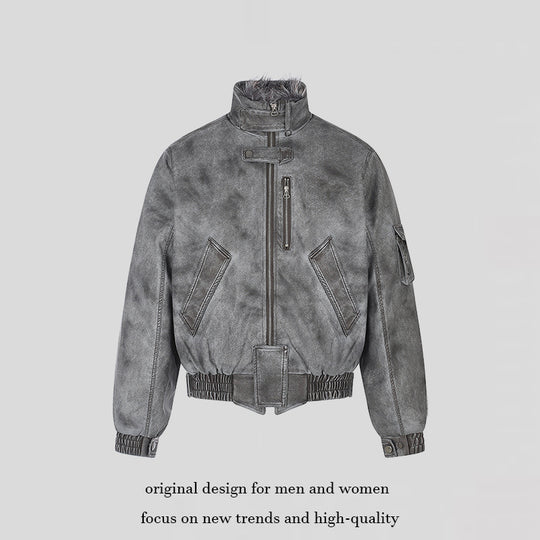 Herren wattierte Pilotjacke im Bomberstil mit hohem Kragen, Kunstfellbesatz und Taillengürtel Shop Nory