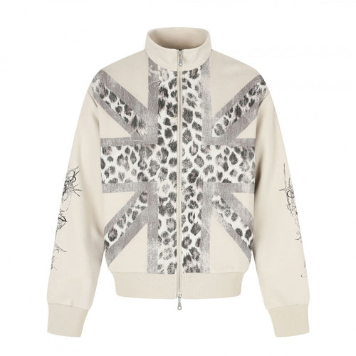 Unisex Kurz geschnittene Boxy-Jacke mit Reißverschluss, hohem Stehkragen und Leoparden-Union-Jack-Print Shop Nory