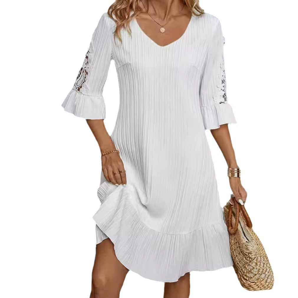 Damen Kurzarm Kleid mit voluminösem Saum und Spitzenärmeln