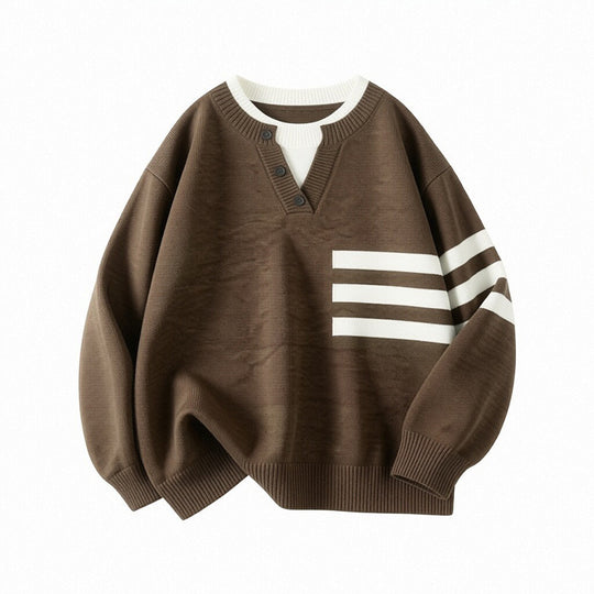 Damen Sportlicher Oversize Pullover mit Knopfleiste und Streifen Shop Nory