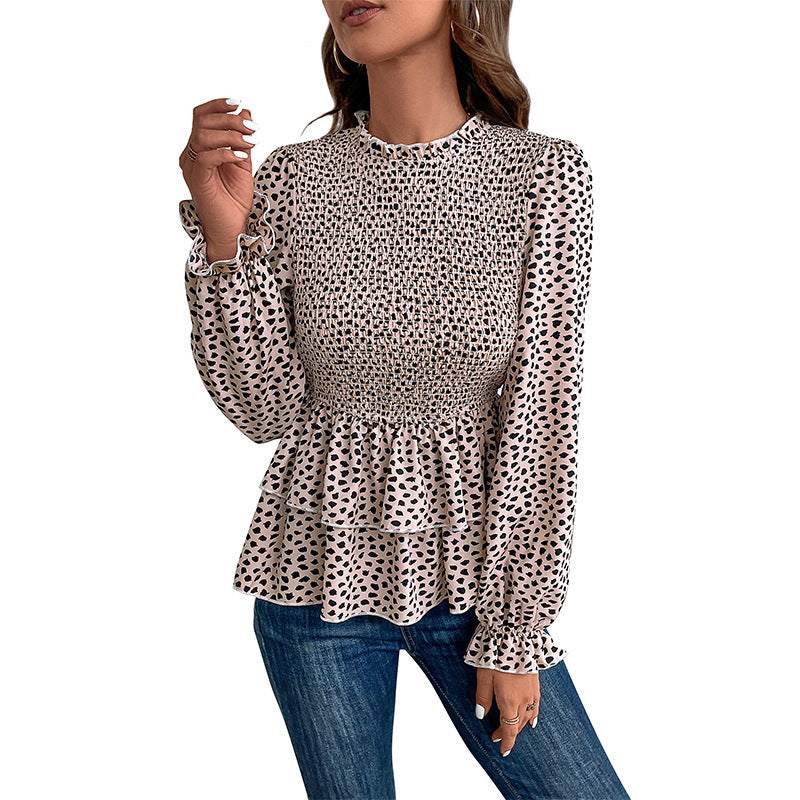 Damen Gesmokte Volant-Bluse mit Rüschen-Taille und langen Ärmeln Shop Nory