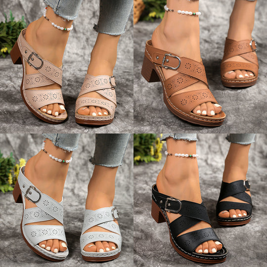Damen Sandaletten mit überkreuzten perforierten Riemen und verstellbarer Zierschnalle Shop Nory