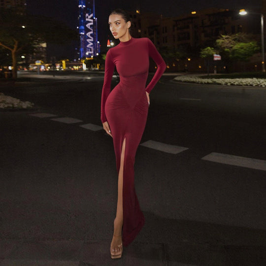 Damen Figurbetontes Abend-Maxikleid mit hohem Rundhals, langen Ärmeln, geraffter Hüftpartie und Frontschlitz Shop Nory