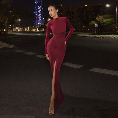 Damen Figurbetontes Abend-Maxikleid mit hohem Rundhals, langen Ärmeln, geraffter Hüftpartie und Frontschlitz Shop Nory