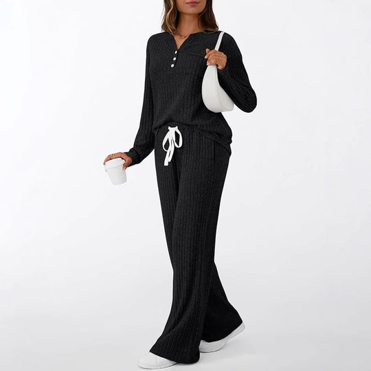Damen Rippstrick-Lounge-Set mit Knopfleiste und weitem Kordelbund-Hose Shop Nory