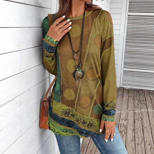 Damen Langarmshirt mit Boho-Print und Patchwork-Ärmeln Shop Nory