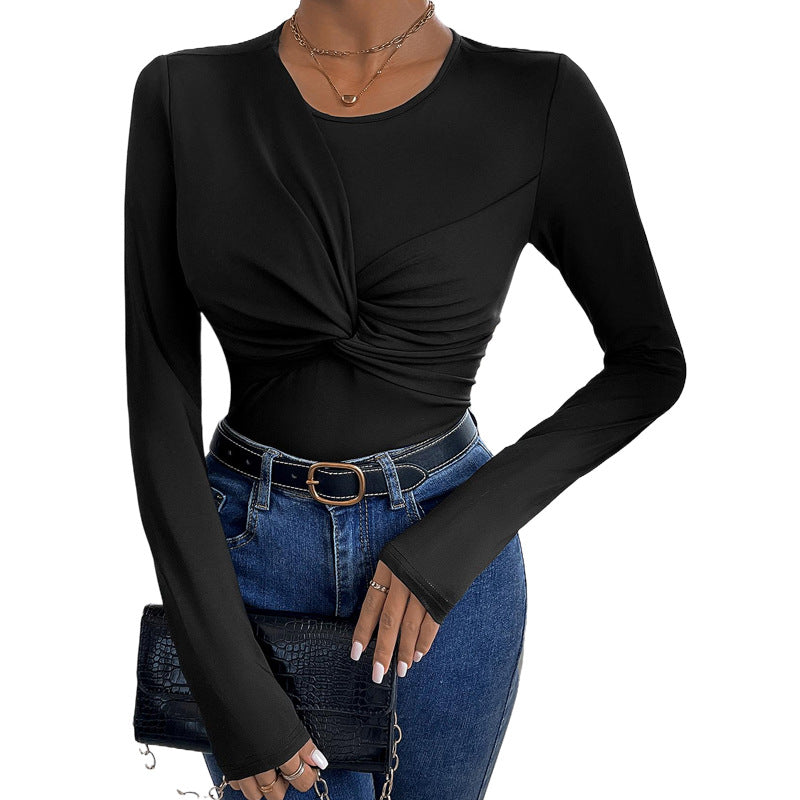 Damen Figurbetontes Twist-Longsleeve mit Knotendetail und Rundhalsausschnitt Shop Nory
